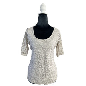 GUESS Blouse Lace Flowers Ivory Sheer Cross Back Sleeves Romantic Fairy Medium